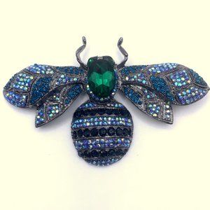 HUGE Cute 3D Rhinestone Large Insect BEE Brooch Pin 4"x2.5" Blue  Animal Retro